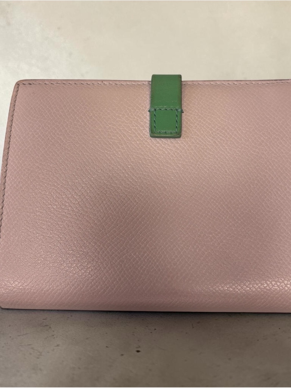 Celine Taupe Wallet with Green Strap and Gold Button - Picture 3 of 5